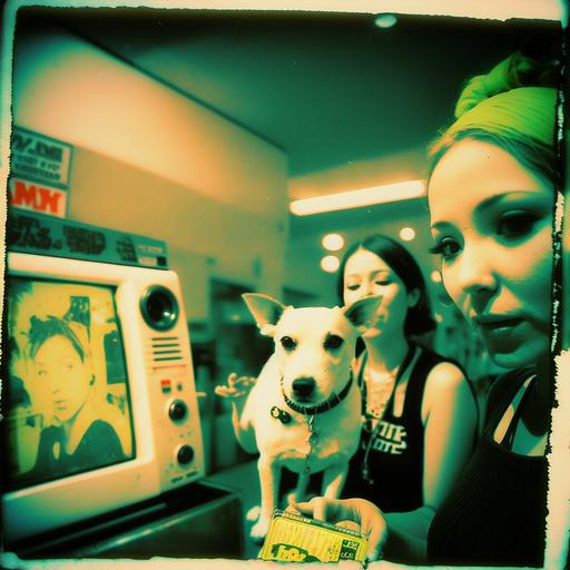 disposable camera photos of cool punk girls playing with a big fat dog at 7-11 late night big smiles wild dog cyberpunk city CCTV, candid photo,florescent light.