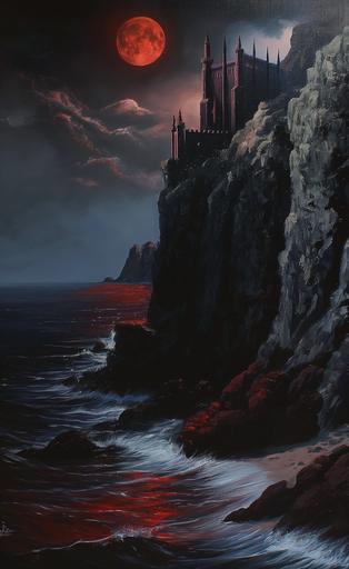 distant castle sitting on a mountain overlooking the sea, at night, red moon, red sand, vampire hunter. Drawn with oil painting, john howe, dark fantasy, detailed --ar 500:809 --v 6.0