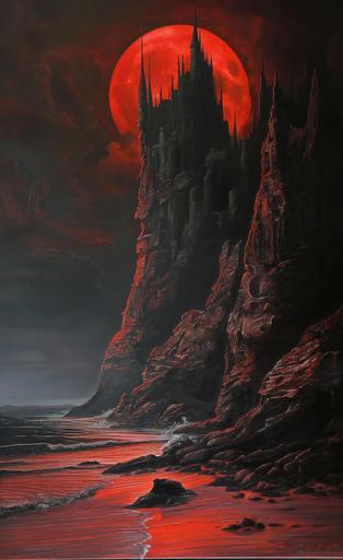 distant castle sitting on a mountain overlooking the sea, at night, red moon, red sand, vampire hunter. Drawn with oil painting, john howe, dark fantasy, detailed --ar 500:809 --v 6.0