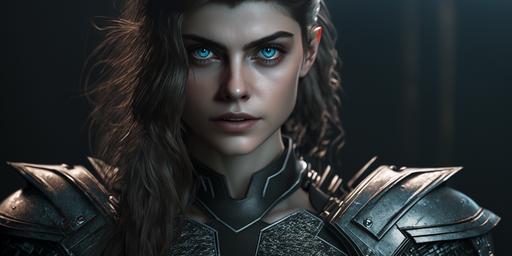 distant wide shot, lowground angle view side view, studio photography of beautiful 18 year old girl, Alexandra Daddario, blue eyes, open outfit, completely unbuttoned, big beautiful brests, hyper-detailed beautiful dark full futuristic hi tech suit armor, big lips, smiling, piercing eyes, 8k, HDR, ultra realistic. Unreal Engine, Cinematic, Color Grading, portrait Photography, Shot on 50mm lens, Ultra-Wide Angle, Depth of Field, hyper-detailed, beautifully color-coded, insane details, intricate details, beautifully color graded, Unreal Engine, Cinematic, Color Grading, Editorial Photography, Photography, Photoshoot, Shot on 70mm lens, Depth of Field, DOF, Tilt Blur, Shutter Speed 1/1000, F/22, White Balance, 32k, Super-Resolution, Megapixel, ProPhoto RGB, VR, Lonely, Good, Massive, Halfrear Lighting, Backlight, Natural Lighting, Incandescent, Optical Fiber, Moody Lighting, Cinematic Lighting, Studio Lighting, Soft Lighting, Volumetric, Contre-Jour, Beautiful Lighting, Accent Lighting, Global Illumination, Screen Space Global Illumination, Ray Tracing Global Illumination, Optics, Scattering, Glowing, Shadows, Rough, Shimmering, Ray Tracing Reflections, Lumen Reflections, Screen Space Reflections, Diffraction Grading, Chromatic Aberration, GB Displacement, Scan Lines, Ray Traced, Ray Tracing Ambient Occlusion, Anti-Aliasing, FKAA, TXAA, RTX, SSAO, Shaders, OpenGL-Shaders, GLSL-Shaders, Post Processing, Post-Production, Cel Shading, Tone Mapping, CGI, VFX, SFX, insanely detailed and intricate, hypermaximalist, elegant, hyper realistic, super detailed, photography, 8k --q 2 --ar 2:1 --v 4