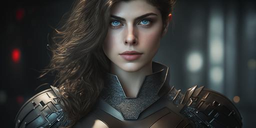 distant wide shot, lowground angle view side view, studio photography of beautiful 18 year old girl, Alexandra Daddario, blue eyes, open outfit, completely unbuttoned, big beautiful brests, hyper-detailed beautiful dark full futuristic hi tech suit armor, big lips, smiling, piercing eyes, 8k, HDR, ultra realistic. Unreal Engine, Cinematic, Color Grading, portrait Photography, Shot on 50mm lens, Ultra-Wide Angle, Depth of Field, hyper-detailed, beautifully color-coded, insane details, intricate details, beautifully color graded, Unreal Engine, Cinematic, Color Grading, Editorial Photography, Photography, Photoshoot, Shot on 70mm lens, Depth of Field, DOF, Tilt Blur, Shutter Speed 1/1000, F/22, White Balance, 32k, Super-Resolution, Megapixel, ProPhoto RGB, VR, Lonely, Good, Massive, Halfrear Lighting, Backlight, Natural Lighting, Incandescent, Optical Fiber, Moody Lighting, Cinematic Lighting, Studio Lighting, Soft Lighting, Volumetric, Contre-Jour, Beautiful Lighting, Accent Lighting, Global Illumination, Screen Space Global Illumination, Ray Tracing Global Illumination, Optics, Scattering, Glowing, Shadows, Rough, Shimmering, Ray Tracing Reflections, Lumen Reflections, Screen Space Reflections, Diffraction Grading, Chromatic Aberration, GB Displacement, Scan Lines, Ray Traced, Ray Tracing Ambient Occlusion, Anti-Aliasing, FKAA, TXAA, RTX, SSAO, Shaders, OpenGL-Shaders, GLSL-Shaders, Post Processing, Post-Production, Cel Shading, Tone Mapping, CGI, VFX, SFX, insanely detailed and intricate, hypermaximalist, elegant, hyper realistic, super detailed, photography, 8k --q 2 --ar 2:1 --v 4