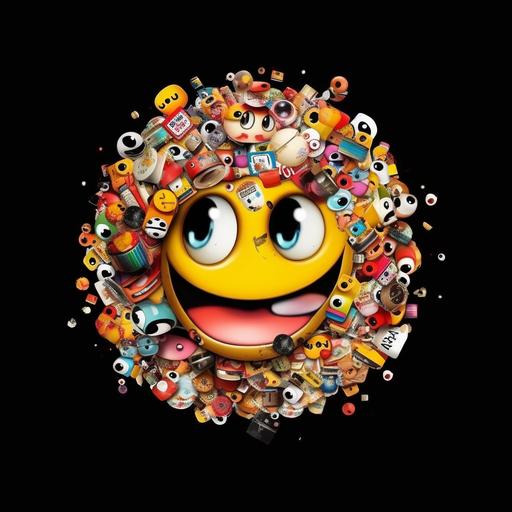 distorted smiley face logo covered in stickers ,cute, cartoon eyes, adorable, clearly drawn, high resolution, 4k ,