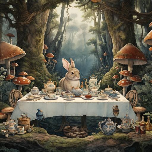diterlizzi meets amano Alice in Wonderland Mad Hatter's Tea party table with no one sitting at it in the middle of the forest