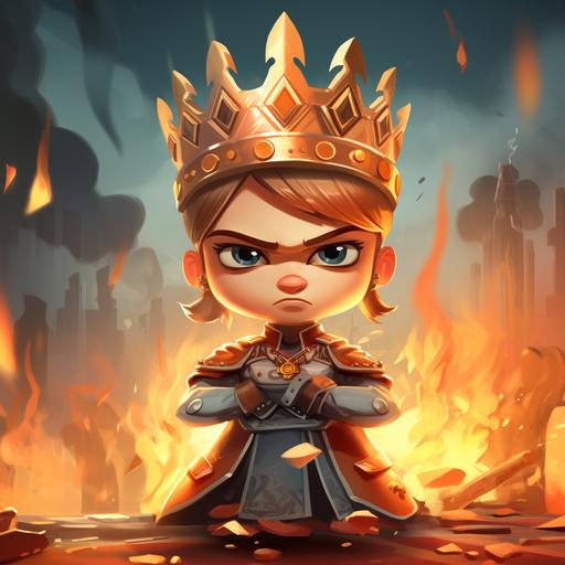 cartoon war leader queen character with crown and looks angry. War in background and fire