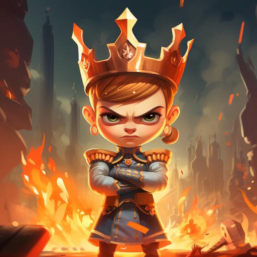 cartoon war leader queen character with crown and looks angry. War in background and fire