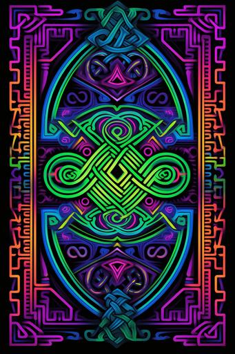 dmt geoglyph, glow-in-the-dark blacklight poster, symmetric, framed, celtic knotwork, aztec-inspired --ar 2:3