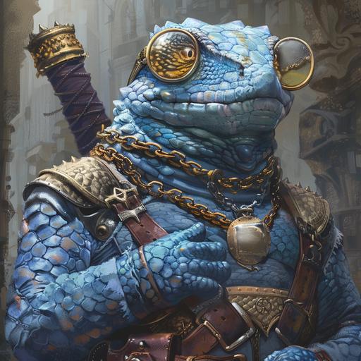 dnd character art, a very tall blue scaled anthropomorphic lizard with thick dark blue scales, wearing gold circle frame glasses, wearing heavy chain mail, carrying a very large warhammer --v 6.0