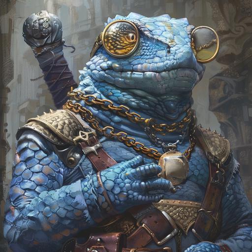 dnd character art, a very tall blue scaled anthropomorphic lizard with thick dark blue scales, wearing gold circle frame glasses, wearing heavy chain mail, carrying a very large warhammer