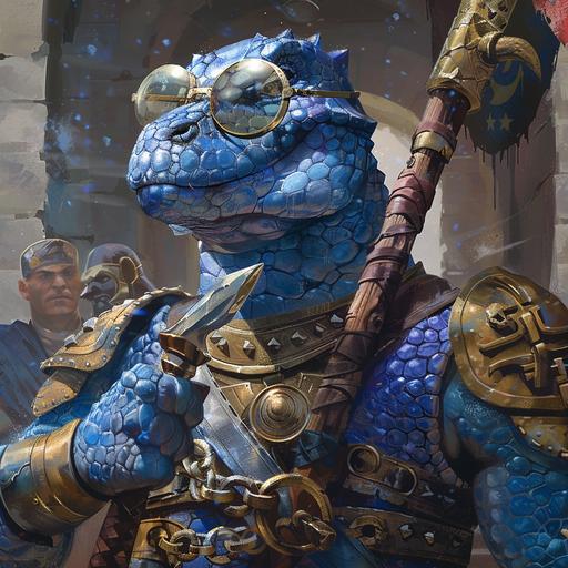 dnd character art, a very tall blue scaled anthropomorphic lizard with thick dark blue scales, wearing gold circle frame glasses, wearing heavy chain mail, carrying a very large warhammer