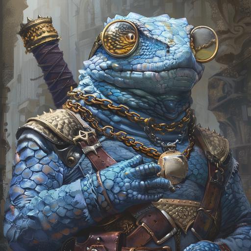 dnd character art, a very tall blue scaled anthropomorphic lizard with thick dark blue scales, wearing gold circle frame glasses, wearing heavy chain mail, carrying a very large warhammer --v 6.0