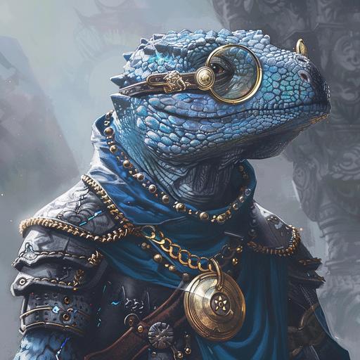 dnd character art, a very tall blue scaled anthropomorphic lizard with thick dark blue scales, wearing gold circle frame glasses, wearing heavy chain mail, carrying a very large warhammer