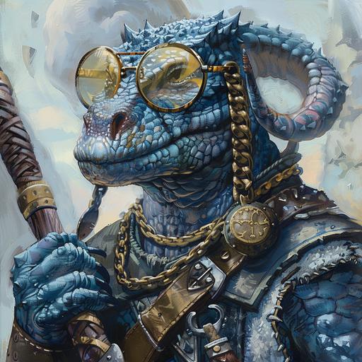 dnd character art, a very tall blue scaled anthropomorphic lizard with thick dark blue scales, wearing gold circle frame glasses, wearing heavy chain mail, carrying a very large warhammer