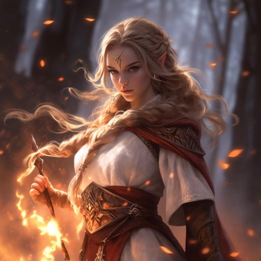 dnd character concept, realistic, 3d render, female elf, battle mage, braids, magic flames, action pose, beautiful, ethereal, magical, vray, unreal engine, fierce:: cartoon illustration drawing sketch art painterly oil painting stylized hand-drawn sd anime::-0.35 --c 5 --s 250 --niji