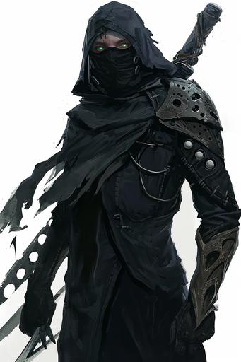 dnd concept art, a man in black clothes with a hood on, warrior assassin, a black mask on his nose, green eyes, bracers on his hands with long retractable blades, a huge sword on his back with large holes, full body, white background --no sword in hand --ar 2:3 --v 6.0