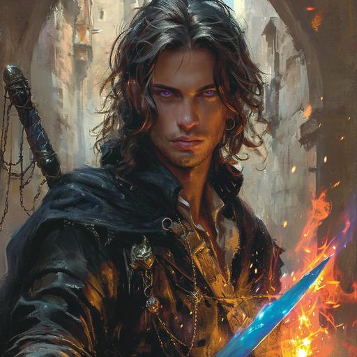 dnd dark fantasy illustration of a young white European male warrior with a long glowing blue sword in his left hand and summoning red fire in his right hand. He has violet eyes and long wavy black hair. He is wearing a black cloak and a black-scaled chest plate with a gem in it. Stone courtyard background --style raw --v 6.0 --s 750