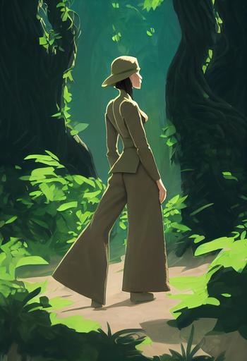 dnd druid modelling strangler fig tree root flared bootcut pantsuit made of strangler fig tree roots and vines, striking a power pose in the forest, calvin klein photoshoot, forest backdrop, beatrix potter illustration in the style of breath of the wild, vanishing point --reimagine --upbeta