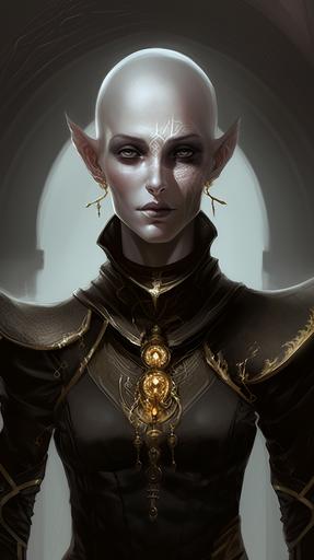 dnd female character smite dishonoured pale Grey skin bald headed female character in black and gold with a fantasy setting background --ar 9:16 --q 2 --v 5