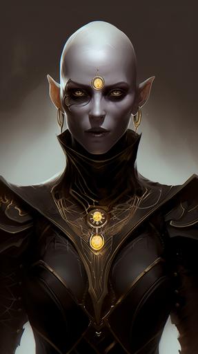 dnd female character smite dishonoured pale Grey skin bald headed female character in black and gold with a fantasy setting background --ar 9:16 --q 2 --v 5