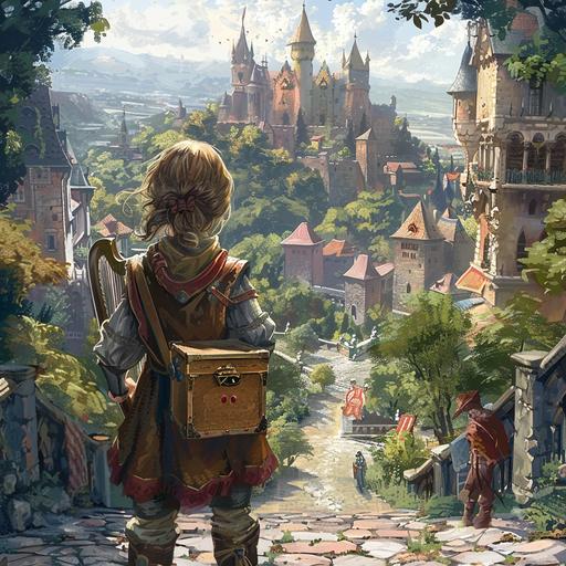 dnd female halfling bard standing in a big medieval city on a stone road looking at a big castle. sunny weather. the halfling holds a small wooden box with metal buttons and red rubies in it. there is a small harp and a flute hanging on her belt.