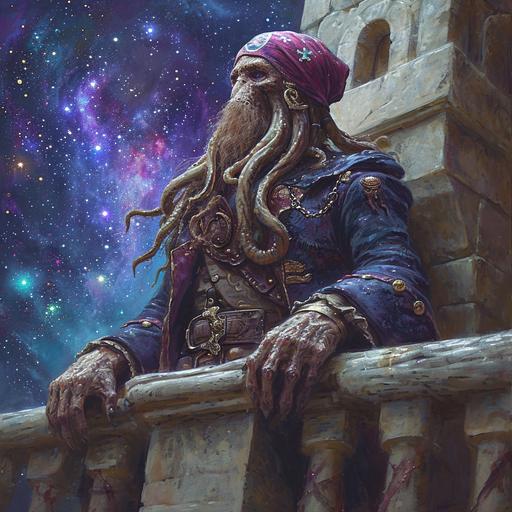 dnd mind flayer in a pirate outfit, bandana on head, starry background, on the deck of a stony balcony --s 250 --v 6.0