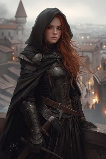 dnd painting, oil painting, fantasy watercolour, defined lines, Human woman, mid 20s, long red hair, black leather armor, black hooded cloak with hood up, piercing eyes, coy smile, holding sword, fighting pose, standing on rooftop, medieval city in background, low lighting, night time, fantasy, digital painting, HD, --ar 2:3 --v 6.0