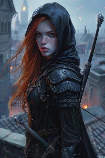 dnd painting, oil painting, fantasy watercolour, defined lines, Human woman, mid 20s, long red hair, black leather armor, black hooded cloak with hood up, piercing eyes, coy smile, holding sword, fighting pose, standing on rooftop, medieval city in background, it's night time with low lighting with a blue hue, fantasy, digital painting, HD --ar 2:3 --v 6.0