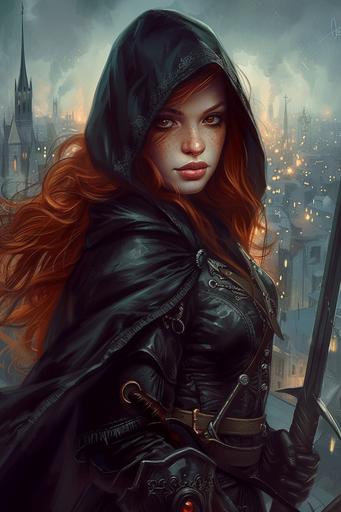 dnd painting, oil painting, fantasy watercolour, defined lines, Human woman, mid 20s, long red hair, black leather armor, black hooded cloak with hood up, piercing eyes, coy smile, holding sword, fighting pose, standing on rooftop, medieval city in background, low lighting, night time, fantasy, digital painting, HD, --ar 2:3 --v 6.0