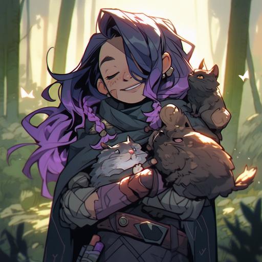 dnd portrait, pathfinder, Female Dwarf, Barbarian, Holding a hamster, Purple face tattoo, Dumb, Happy, black hair, landscape forest --niji 5 --s 250