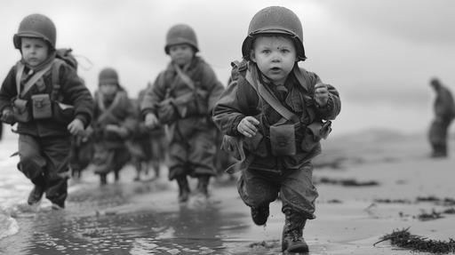 ultra high resolution, ultra high detail, ultra photorealistic image of 1 year old babies in army clothes storming the beach of Normandy on June 5 1944, some are crawling and some are walking wobbly, aged black and white photo, classic war correspondent photo --ar 16:9 --v 6.0