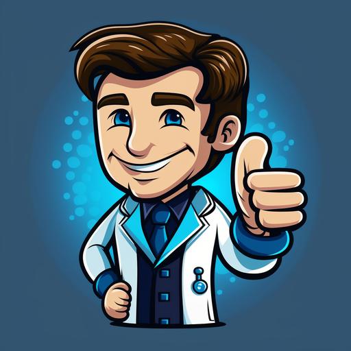 doctor cartoon smiling with thumb up, blue and white colors