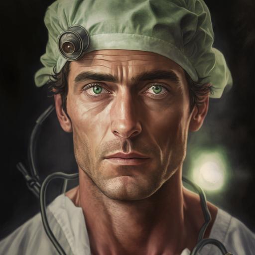 doctor dr hard work green eyes physician save live diagnosis photorealistic hyperdetail --v 4
