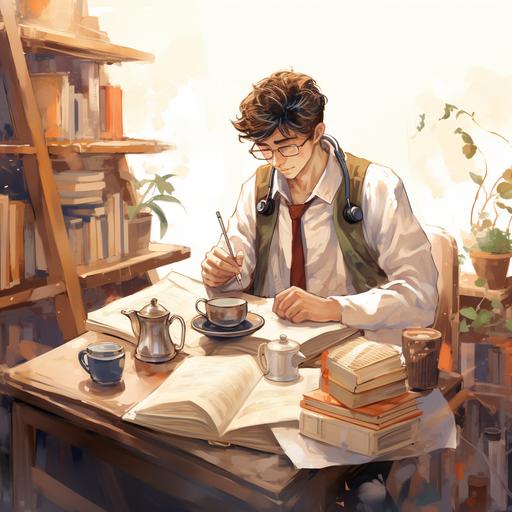 doctor in white coat is studying in his books and with his coffee, the is anatomy illustration of the body heart and bones , cartoon anime illustration, browen hiar, high details, water colour, illustration
