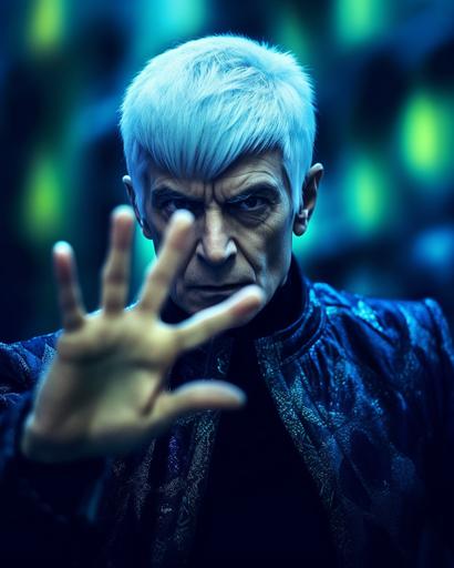 doctor spock in emo gothic style, chromatic spandex clothes, ear piercing, blue white hair wig, vulcan peace hand gesture, vivid colors, bokeh --v 5.1 --chaos 2 --ar 4:5 --q 2 --v 5