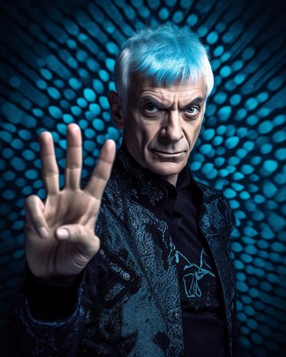 doctor spock in emo gothic style, chromatic spandex clothes, ear piercing, blue white hair wig, vulcan peace hand gesture, vivid colors, bokeh --v 5.1 --chaos 2 --ar 4:5 --q 2 --v 5