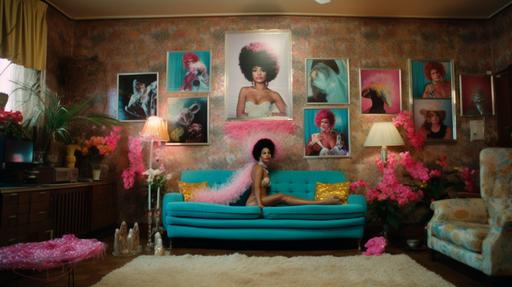documentary style photograph based in Washington Heights living room. A still image from the movie “Showgirls” directed by Paul Verhoeven. The scene is set in a caribbean home and features the main character, a beautful afro-latina woman, standing in front of a large plastic covered floral couch with a wall filled with vintage family photos. She is wearing a glitter catsuit with large colorful feather wings and appears strong and proud. The lighting should be dim, with an orange tint to give a sense of the sunset and warmth of the summer, shot on pentax67--v 5 --ar 16:9 --v 5 --q 2