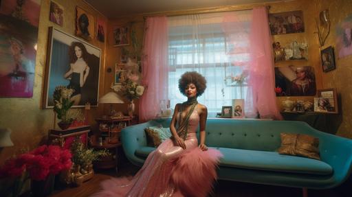 documentary style photograph based in Washington Heights living room. A still image from the movie “Showgirls” directed by Paul Verhoeven. The scene is set in a caribbean home and features the main character, a beautful afro-latina woman, standing in front of a large plastic covered floral couch with a wall filled with vintage family photos. She is wearing a glitter catsuit with large colorful feather wings and appears strong and proud. The lighting should be dim, with an orange tint to give a sense of the sunset and warmth of the summer, shot on pentax67--v 5 --ar 16:9 --v 5 --q 2