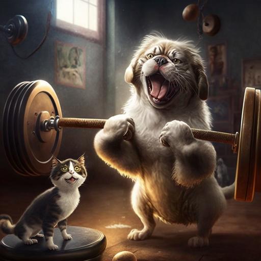 dog assisting a cat lifting weight at the gym with monkeys laughing in the back