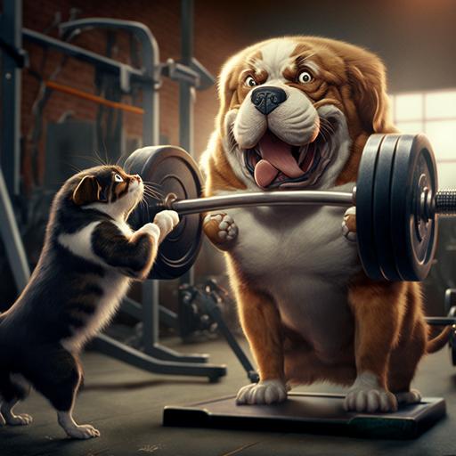 dog assisting a cat lifting weight at the gym with monkeys laughing in the back
