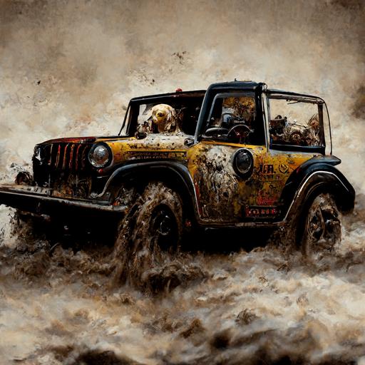 dog driving jeep wrangler, photo realism, offroad, mud