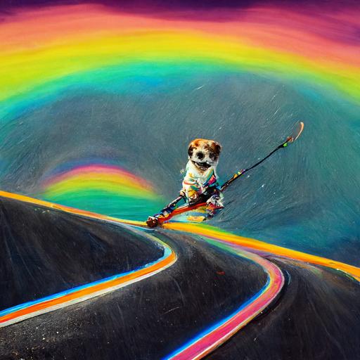 dog on skis skiing  down a rainbow road hyperrealistic  upscaled