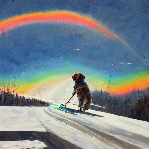 dog on skis skiing  down a rainbow road hyperrealistic  upscaled