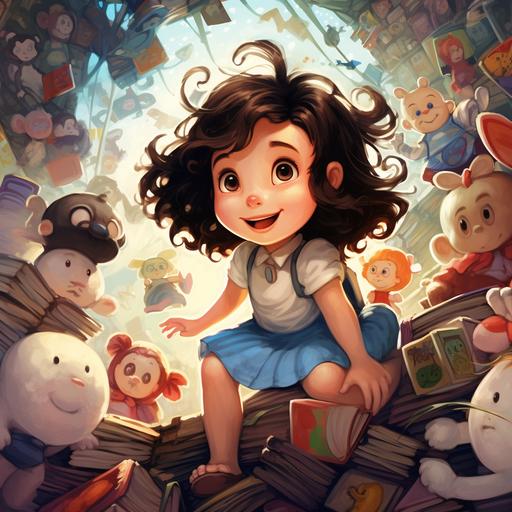 one year old smiling dark haired girl looking up, in manga art style, surrounded by nursery rhyme characters, Humpty Dumpty, jack and Jill, Alice in wonderland