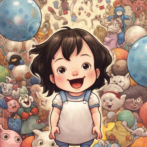 one year old smiling dark haired girl looking up, in manga art style, surrounded by nursery rhyme characters, Humpty Dumpty, jack and Jill, Alice in wonderland