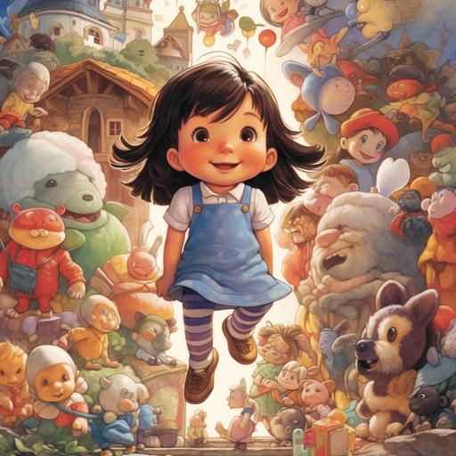 one year old smiling dark haired girl, standing and looking up, in Hayao Miyazaki style, surrounded by nursery rhyme characters, Humpty Dumpty, jack and Jill, Alice in wonderland