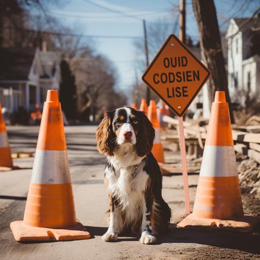 dog standing in from of road closed, underconstruction sign