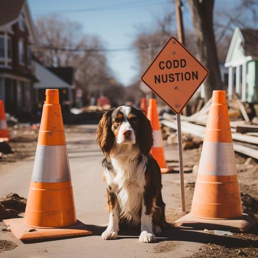 dog standing in from of road closed, underconstruction sign