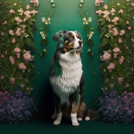 dog standing in front of a green fully flower covered wall realistic beautiful