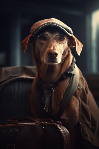dog traveler, airport, suitcase, sunglasses, cap,Professional photography ultra realistic photo, photorealistic --ar 2:3 --q 2 --s 750 --v 5
