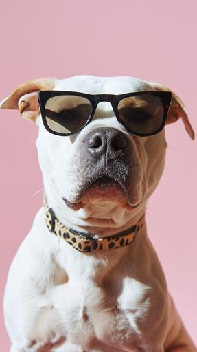 dog wearing sunglasses, studio portrait, pale pink pastel background --ar 9:16 --v 6.0