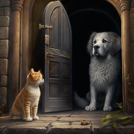 dog with cat open door to enter in castle